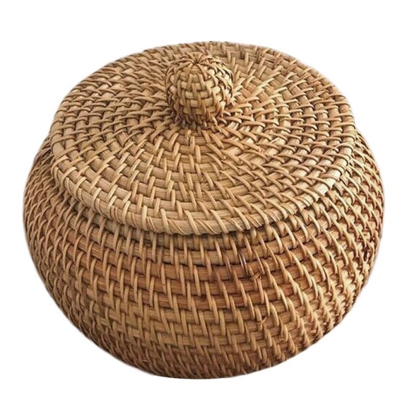 Yucurem Round Rattan Basket Boxes With Lid, Handwoven Wicker Picnic Basket Bin, Multi-Purpose Food Bread Storage Basket for Spring Summer Mother's Day Birthday Picnic Party Decor