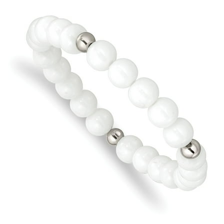 Primal Steel Stainless Steel Polished White Ceramic Beaded Stretch Bracelet