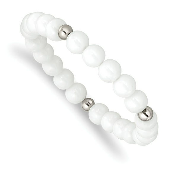 Primal Steel Stainless Steel Polished White Ceramic Beaded Stretch Bracelet