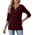 thumbnail image 6 of Womens Tops 3/4 Length Sleeve V Neck Loose Casual T Shirts Summer Cloithes 2026, Wine 3XL, 6 of 6