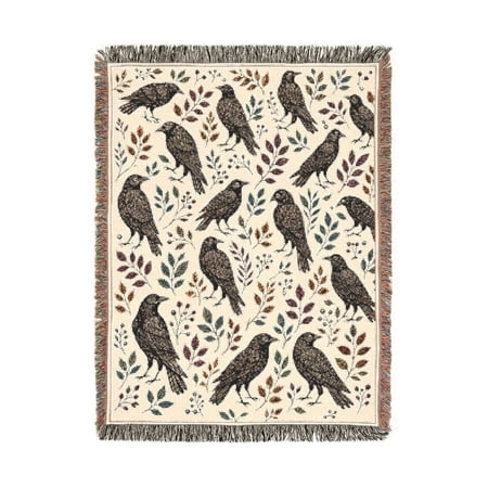 Cream Navy and Teal Raven Botanical Folk Art Woven Blanket 100% Cotton Nature Decor for Sofa or Bedroom
