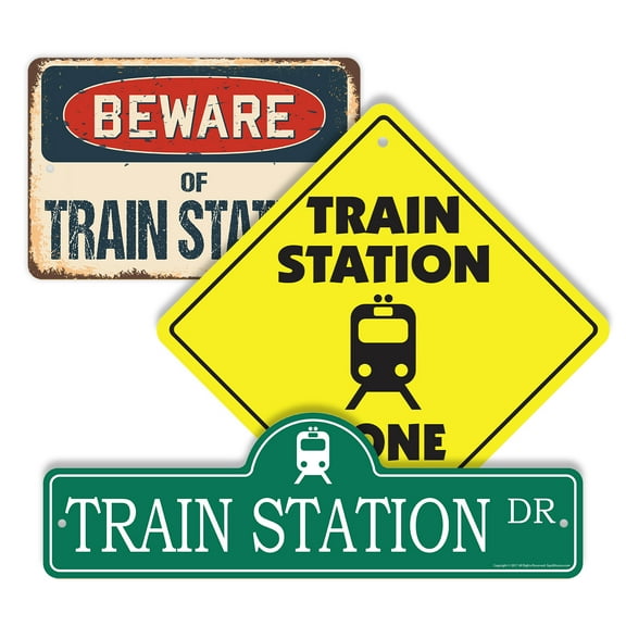 Train Station (3 Pack) Plastic Street Sign Crossing Sign Warning Sign Vintage Rustic Beware Warning Xing Travel Railway Decor History Vintage Ticket Fun Adventure Platform Tracks