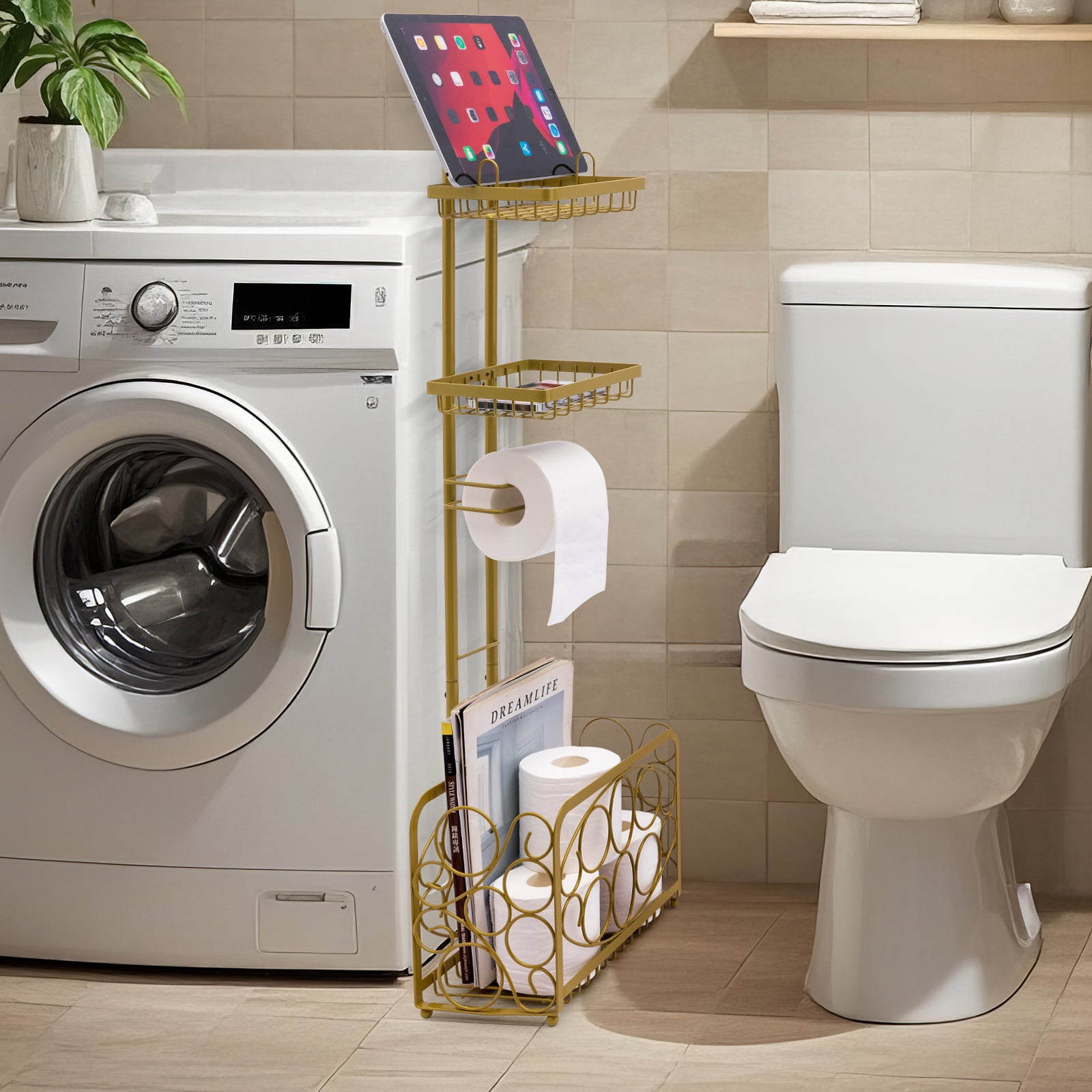 Oasis Creations Toilet Paper Holder Tissue Rack Stand with Magazine Toilet Roll Storage Basket- Freestanding, Gold Metal