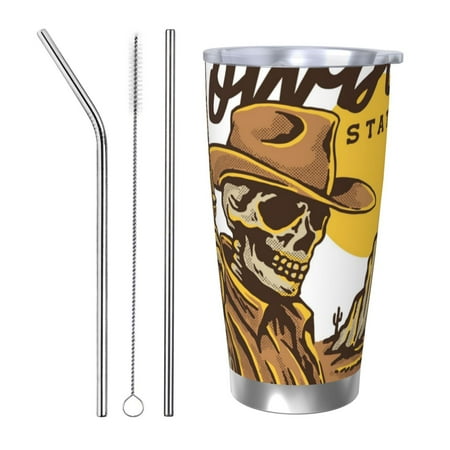 

Zeuib Skull Cowboy Printed 20oz Stainless Steel Insulated Car Cup Stainless Steel Thermal Cup Vacuum Insulated Leak-proof Travel Mug Cup-Straw Three-piece Set