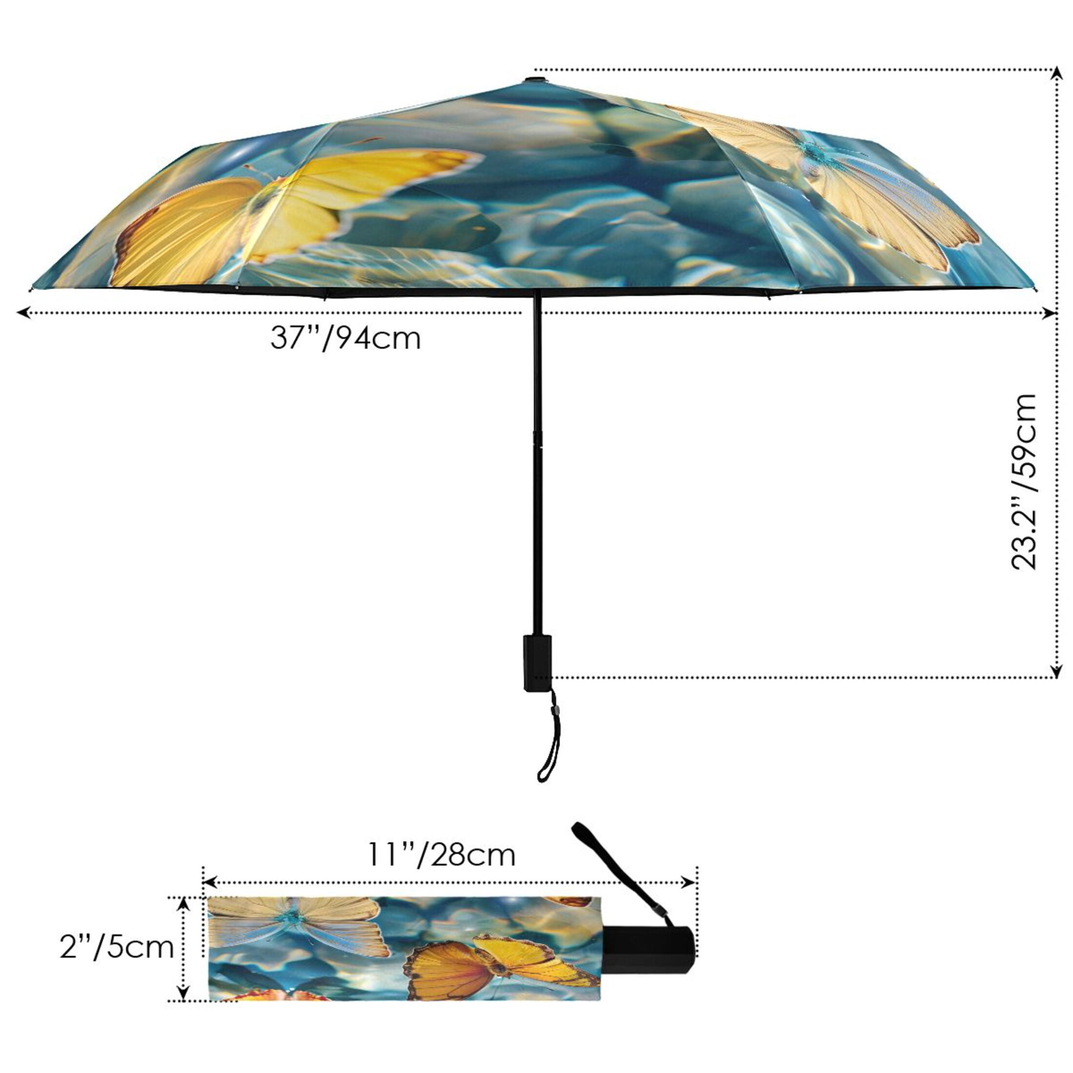 Butterflies on Clear Water Compact Sun Umbrella Windproof Travel Umbrellas for Rain Strong Portable UV Protection