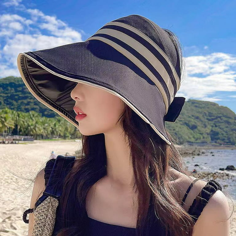 Hesroicy Women Sun Hat Stripe Portable Foldable Fasten Tape Washable  Contrast Colors Wide Brim Heat Isolation Anti-UV Summer Outdoor Cap Camping  Hat