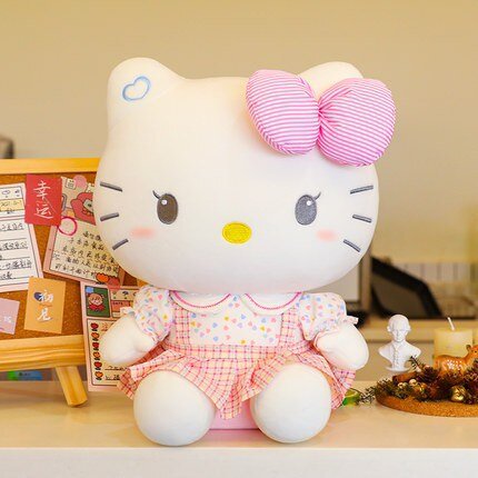 Sanrio-muñeco de peluche de Hello Kitty para niña, juguete de felpa corta, Falda vaquera KT, gato, almohada, algodón PP, Súper suave, regalos de cumpleaños