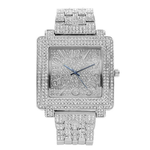Men's Hip Hop Silver Plated Iced Style Square CZ Watch Luxury Fashion Analog Fashion Wristwatch