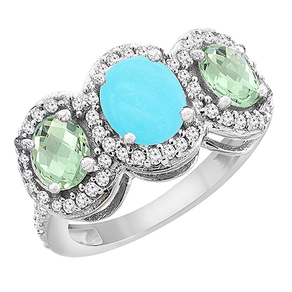 10K White Gold Natural Turquoise & Green Amethyst 3-Stone Ring Oval Diamond Accent, size 7