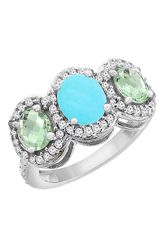 10K White Gold Natural Turquoise & Green Amethyst 3-Stone Ring Oval Diamond Accent, size 6