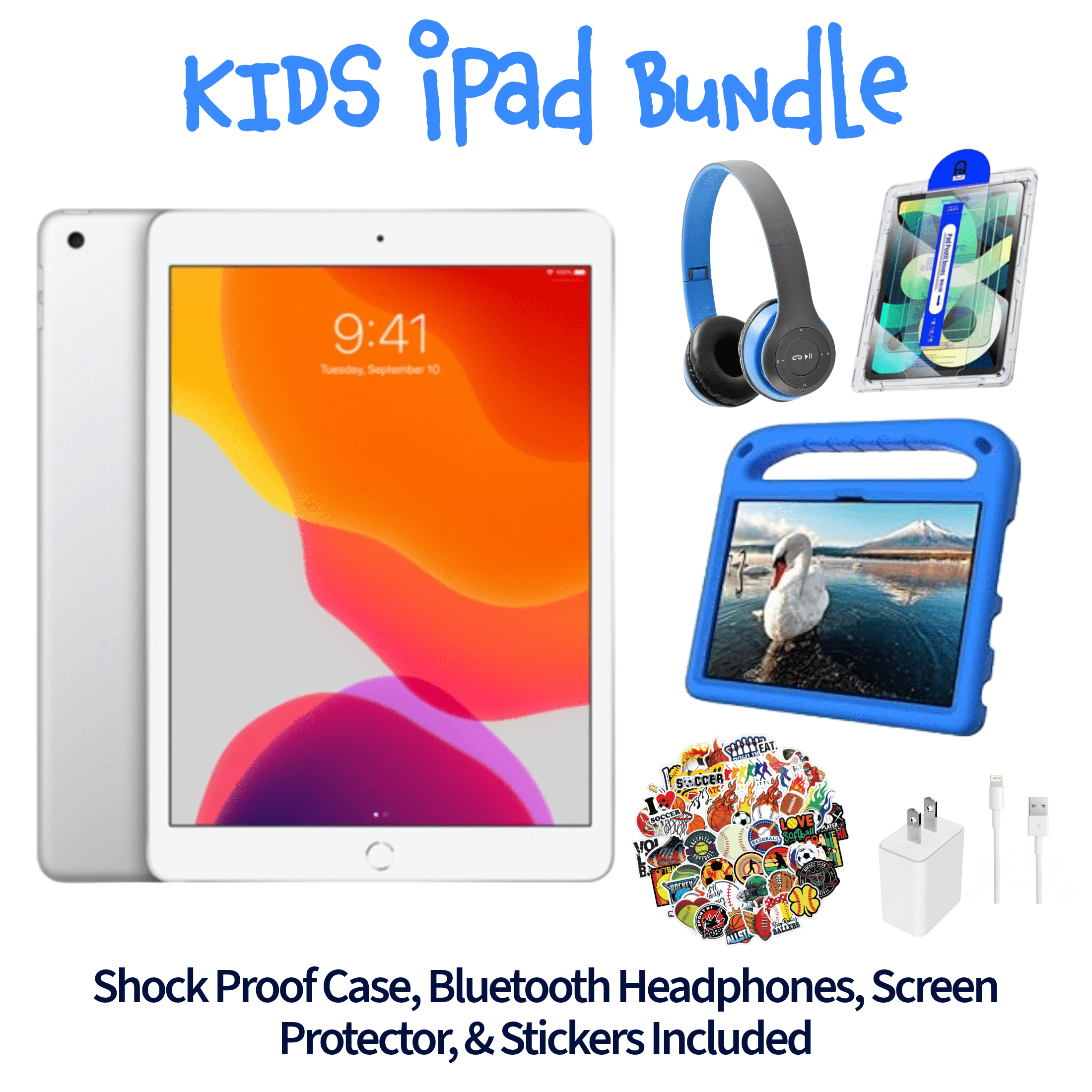 Restored Apple iPad 7 Kid's Bundle - 10.2" 32GB Silver (Wi-Fi) - Shock Proof Case, Bluetooth Headphones, Screen Protector, Kid's Stickers, and Charger Included (Refurbished)
