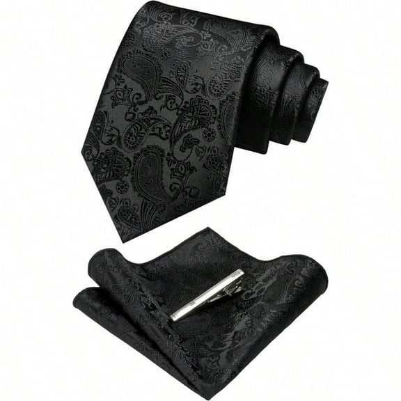 Mens Solid Color Paisley Necktie and Pocket Square with Tie Clip Sets