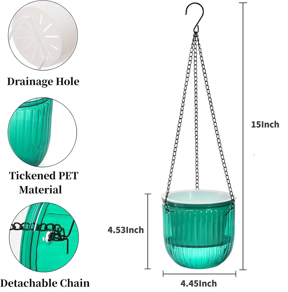 Scheam 3 Pack Hanging Pots with Drainage Holes,Self Watering Hanging Planters,Plastic Hanging Pot,Prefect for Spring Indoor Outdoor Garden Home Decorations (Emerald,Gray,Clear)