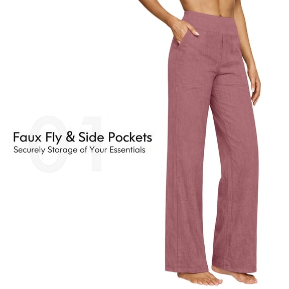 Women's Cotton Linen Yoga Pants, High Waist Straight Leg Lounge Pants, Elastic Waist Casual Trousers for Daily Wear, Home, Travel and Relaxation Brown L