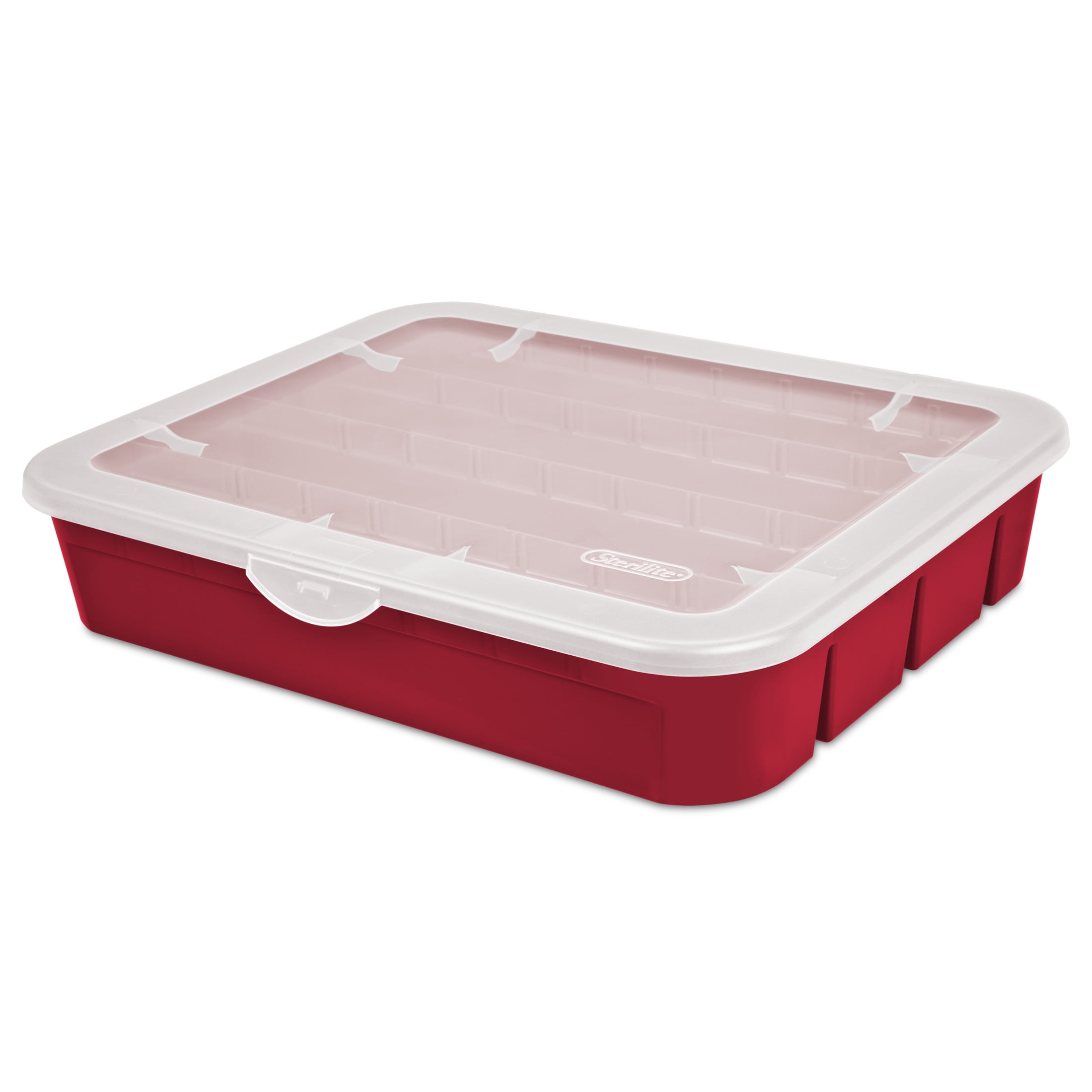 (2 pack) Sterilite Adjustable Ornament Box, Stackable Christmas Storage Bin with Lid, Dividers Create up to 32 Compartments for Holiday Keepsakes, Red
