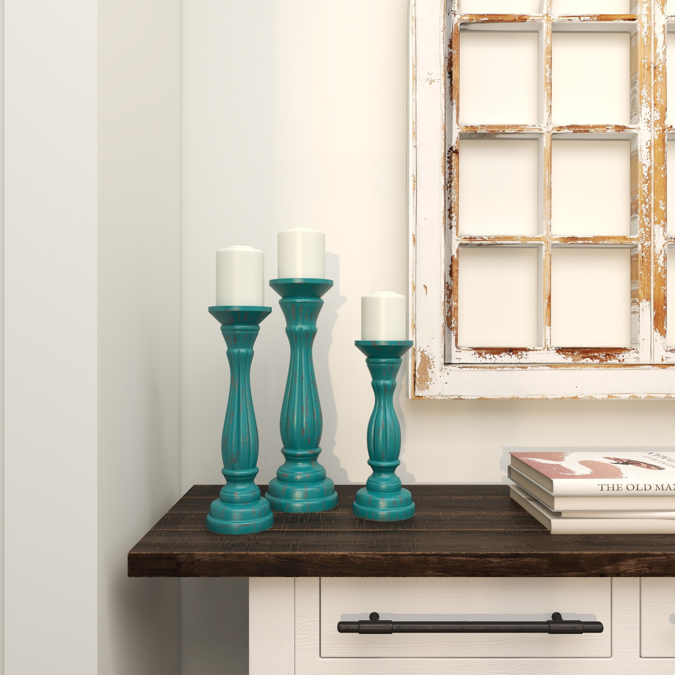 DecMode 3 Candle Blue Wooden Distressed Turned Pillar Candle Holder, Set of 3
