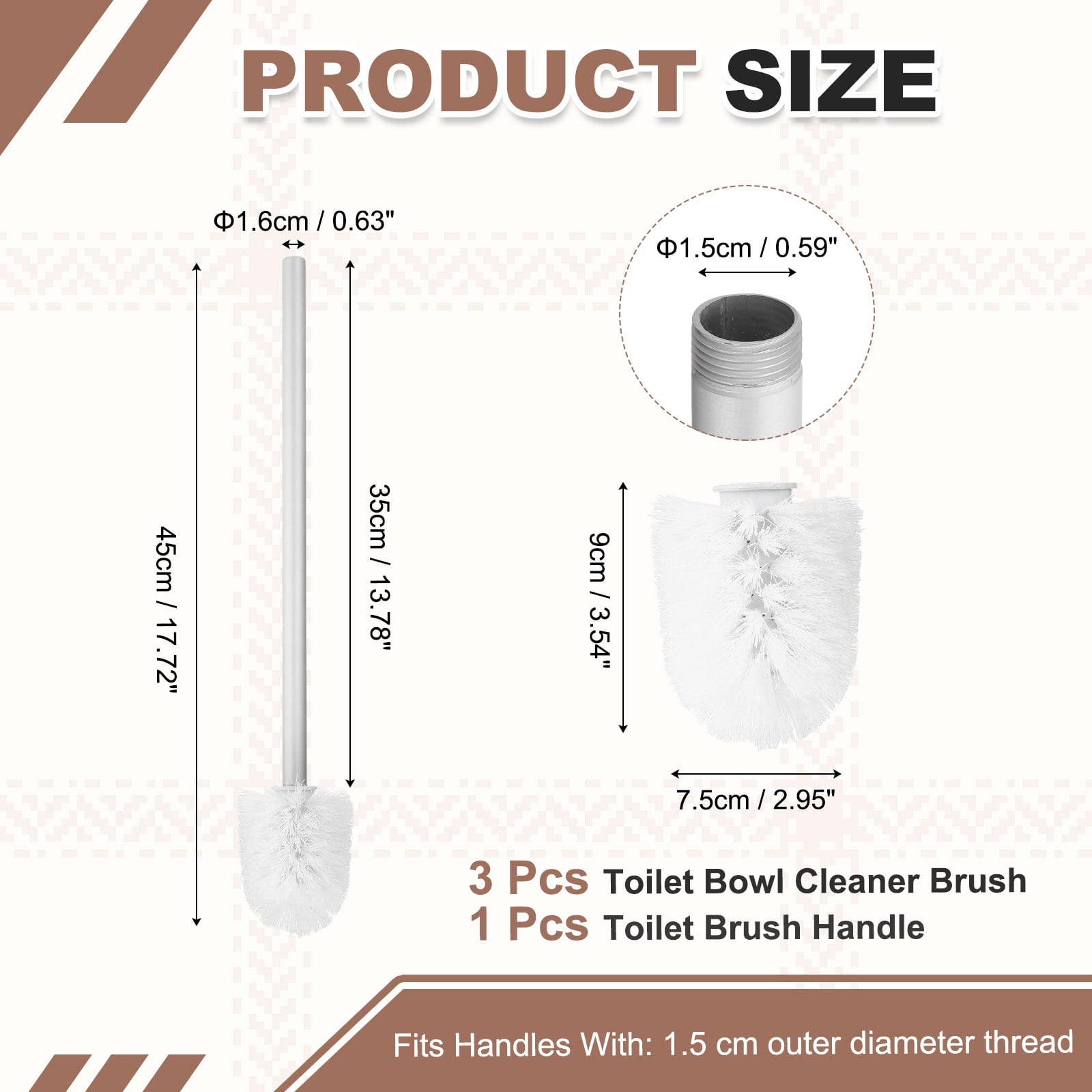 Uxcell 3 Pcs Toilet Brush Set Replacement Head, 13.8 Inch Toilet Brush Refills with Handle, Bathroom Cleaning Tool for Home, White