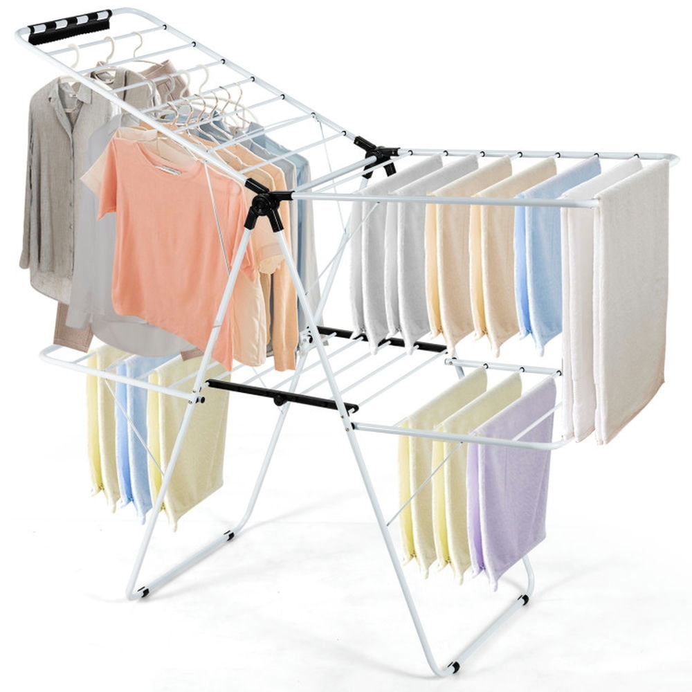 Finihen Drying Rack, Clothes Drying Rack, 2-Level Foldable Clothes Drying Rack with Adjustable Gullwing, for Indoor, Outdoor, White Finihen Drying Rack, Clothes Drying Rack, 2-Level Foldable Clothes Drying Rack with Adjustable Gullwing, for Indoor, Outdoor, White