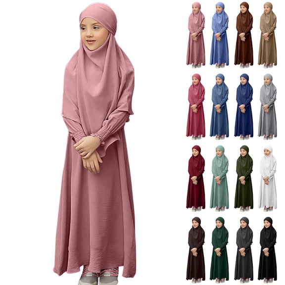 XUNKUSGA Maxi Dress for Girls 3-12Y Classic Muslim Prayer Formal Dresses Soild Color Long Sleeve Full Cover Hijab Chiffon Dress For Girls with Pockets,Pink