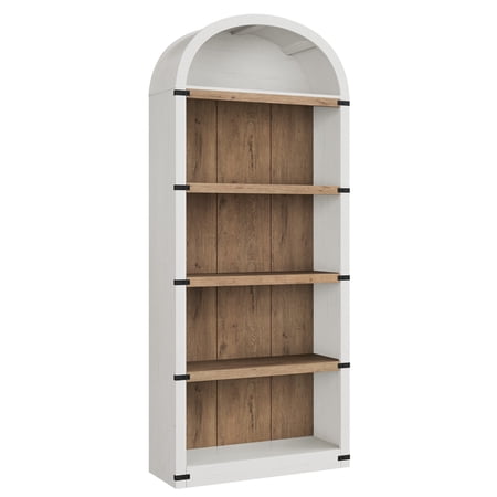 Farmhouse Arched 5-Shelf Bookcase – 71.65 Tall Wooden Bookshelf with Metal Corner Protection – Decorative Storage Cabinet for Office Living Room Bedroom – Antique White + Wood Back – Basic