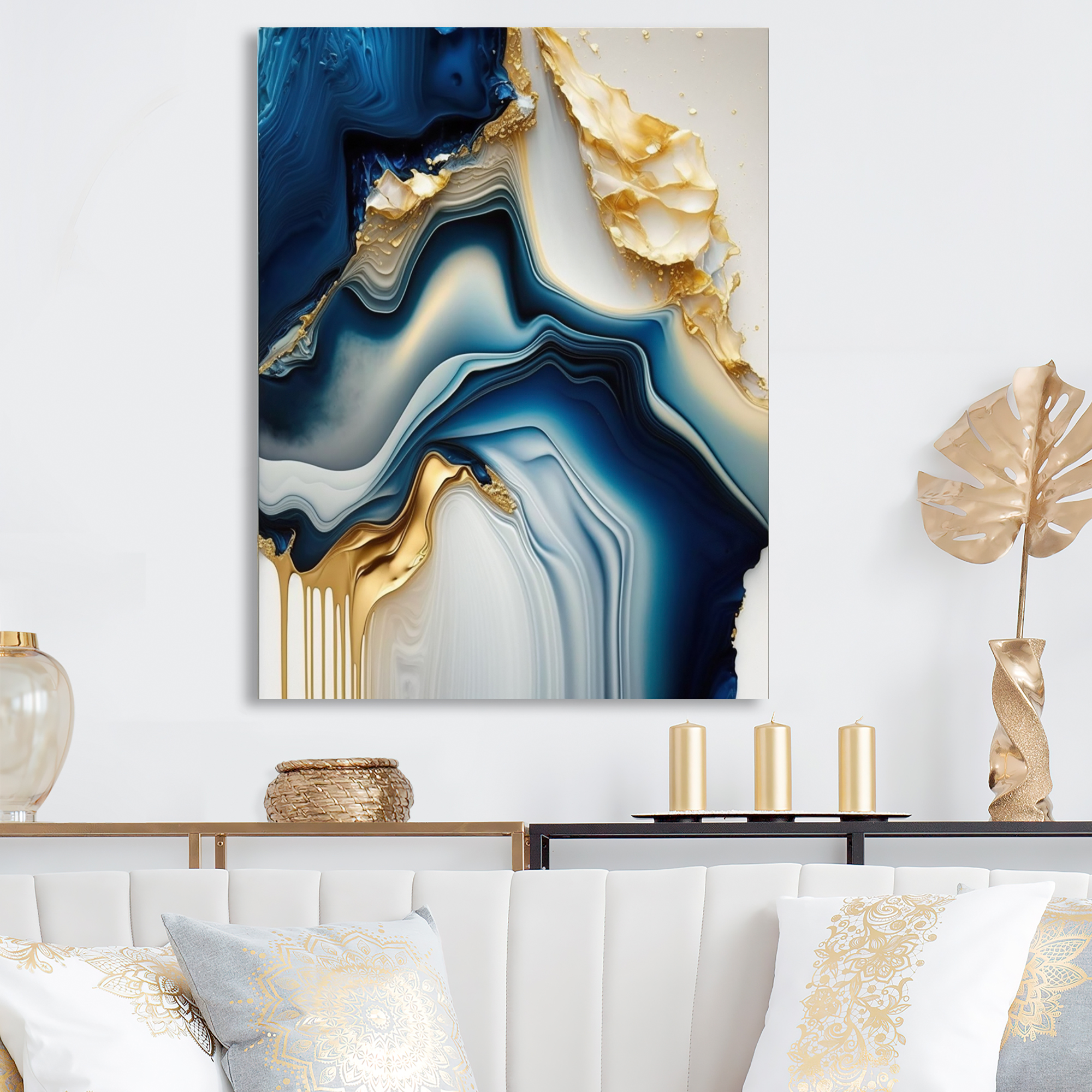 Designart Abstract Geode Gold And Blue Marble II Canvas Wall Art