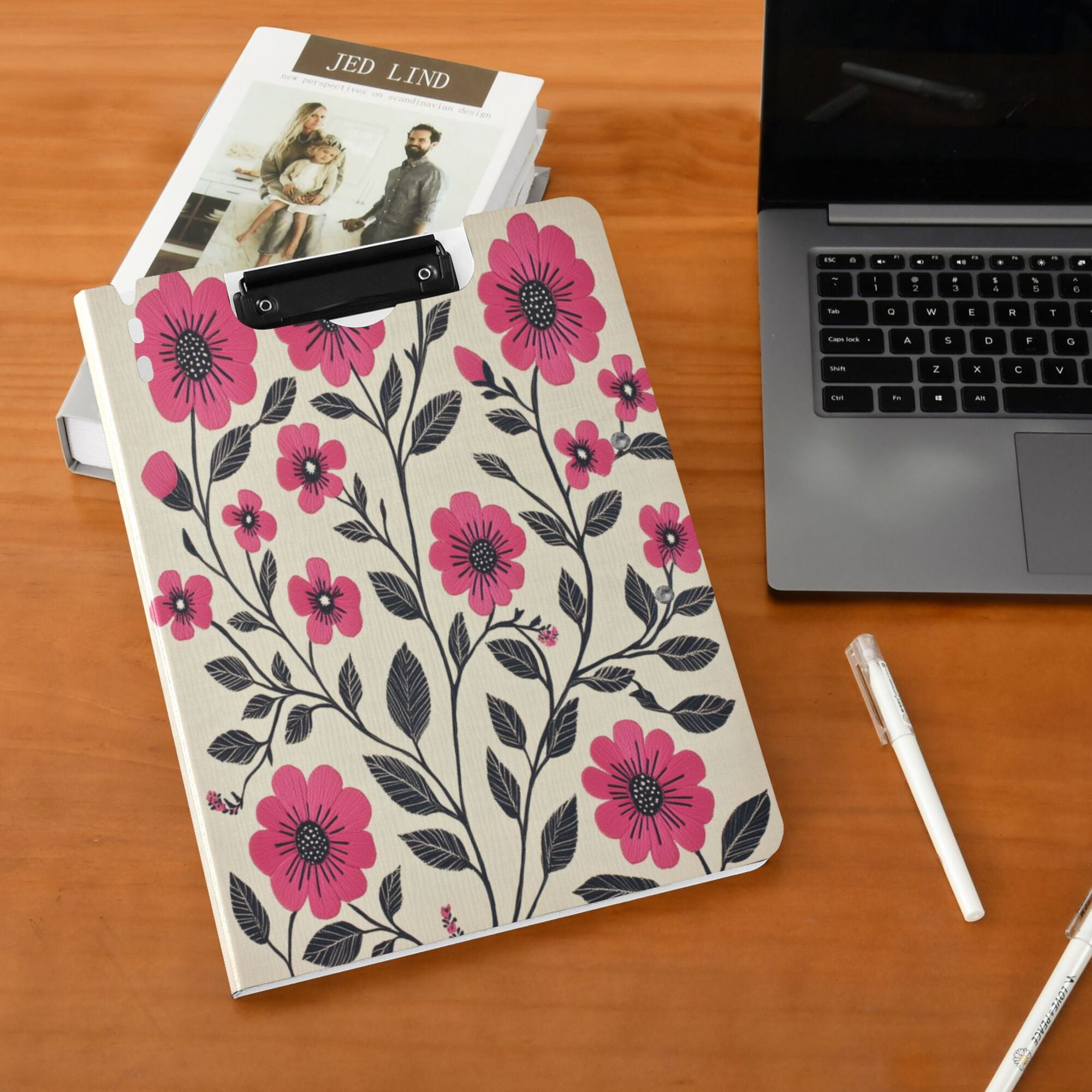 FORMRS A4 Clipboard Folder with Pen Holder Horizontal Foldable School Office Binder, Pink Flowers