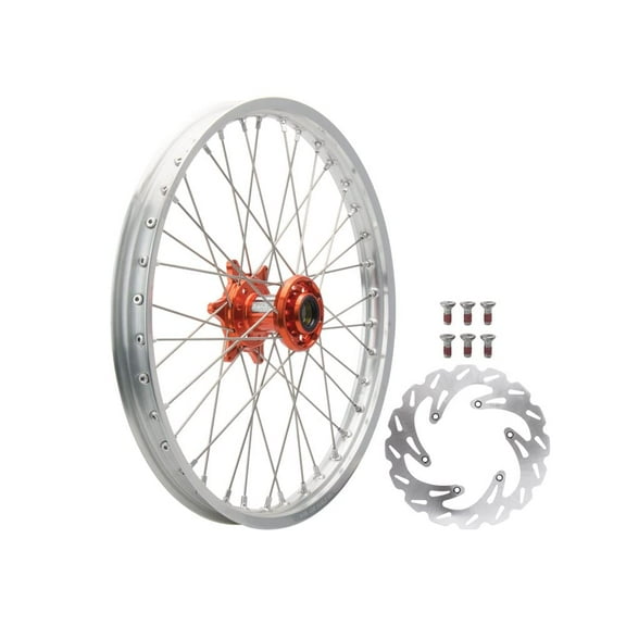 Tusk Impact Complete Front Wheel Package 21 x 1.60 Silver Rim/Silver Spoke/Orange Hub For KTM 125 SX (Fuel Injected) 2023-2025