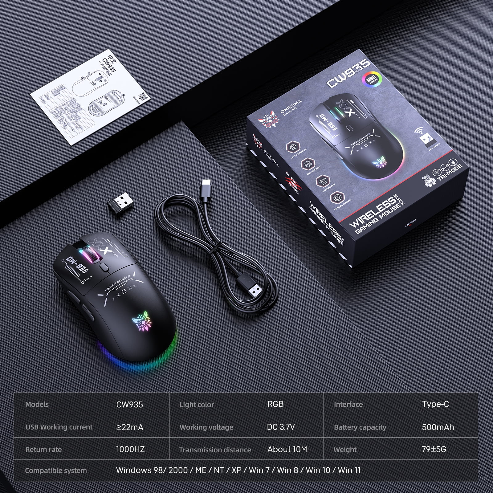 Siivton Wireless Gaming Mouse,  2.4G/Bluetooth 5.3/Wired, 12800 DPI Adjustable, 8 Programmable Buttons, 500mAh Battery, RGB Lighting for PC, Laptop, Mac, PS4/PS5