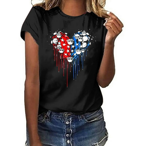 Qetyuw Womens Independence Day Shirts Casual Patriotic Red White and Blue Graphic Tshirts Cute Short Sleeve Tees Flowy Round Neck Blouses Tops Blouses for Women Business Casual