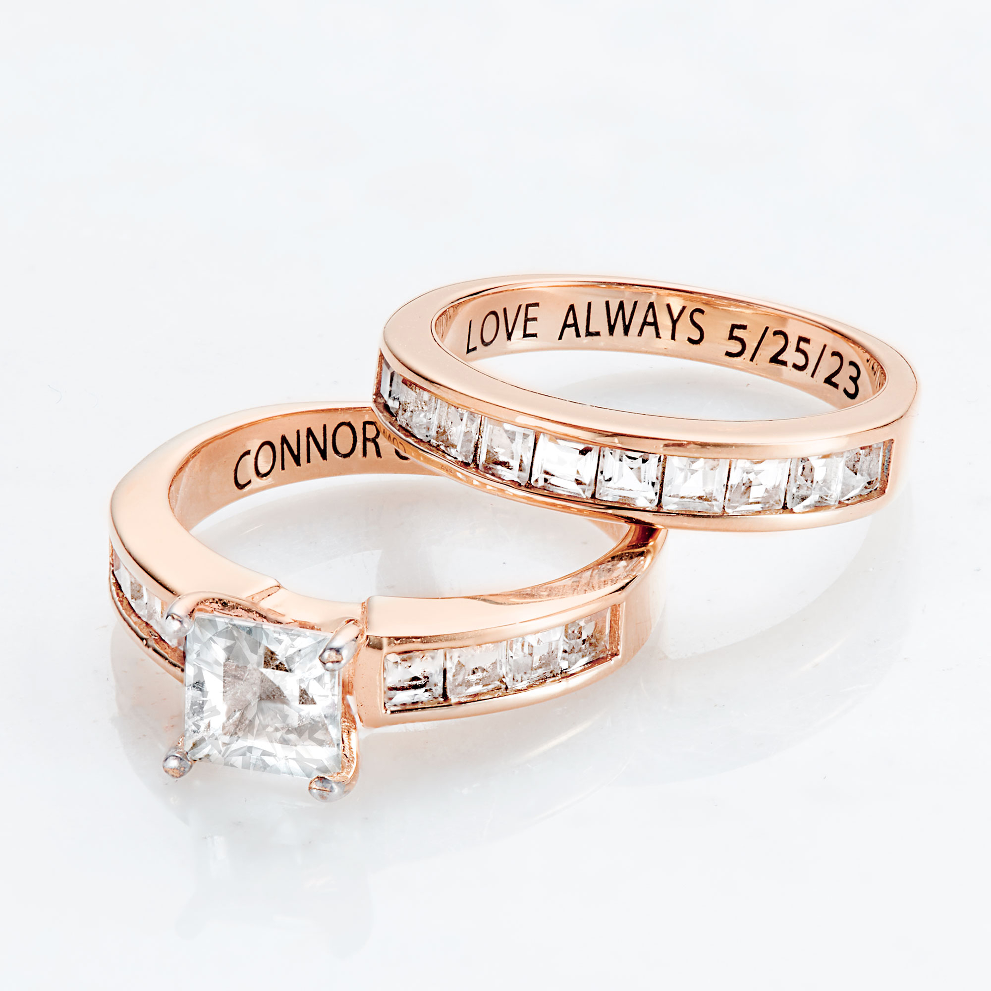 Vow & Forever Personalized Planet Bridal 14K Rose Gold over Sterling Silver Square White Topaz 2 Piece Engraved Wedding Set ,Women's