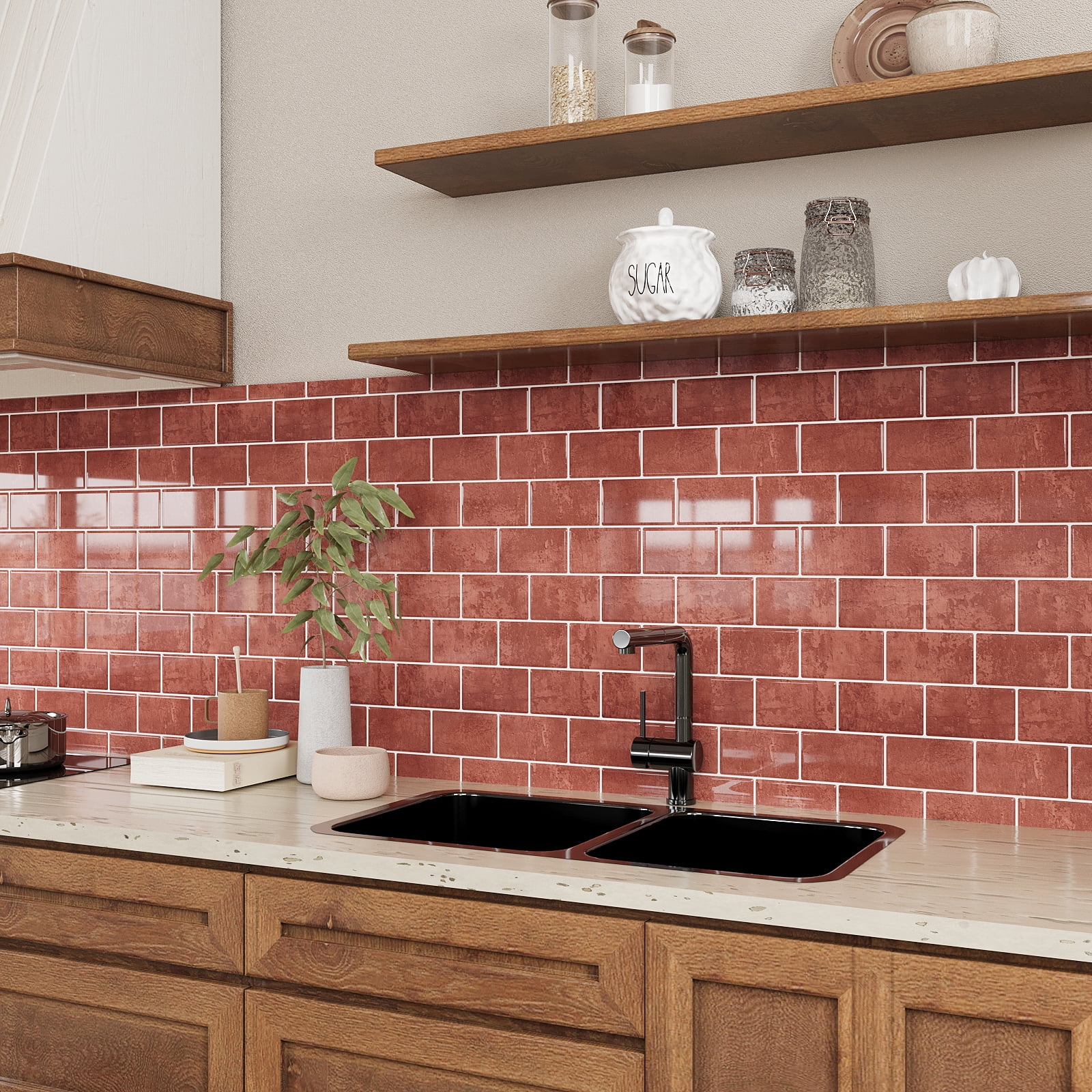 VEELIKE Retro Brick Peel and Stick Tiles Backsplash for Bathroom 12"x12" Glossy Terracotta Subway Tile Peel and Stick Backsplash for Kitchen Waterproof Self Adhesive Vinyl Wall Panels 6 Sheets