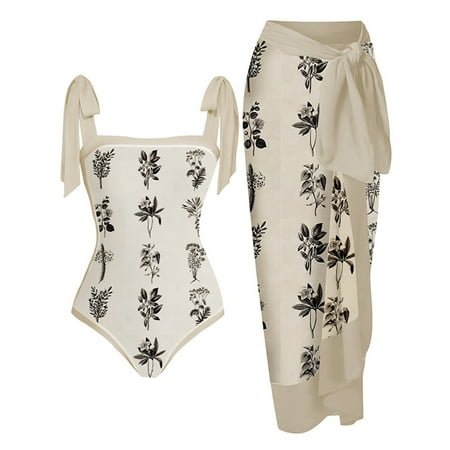 Lopeceal Women 2 Piece Beach Set Tropical Print Bikini Swimsuit with Cover Up Skirt Summer Bathing Suits Sarong Wraps