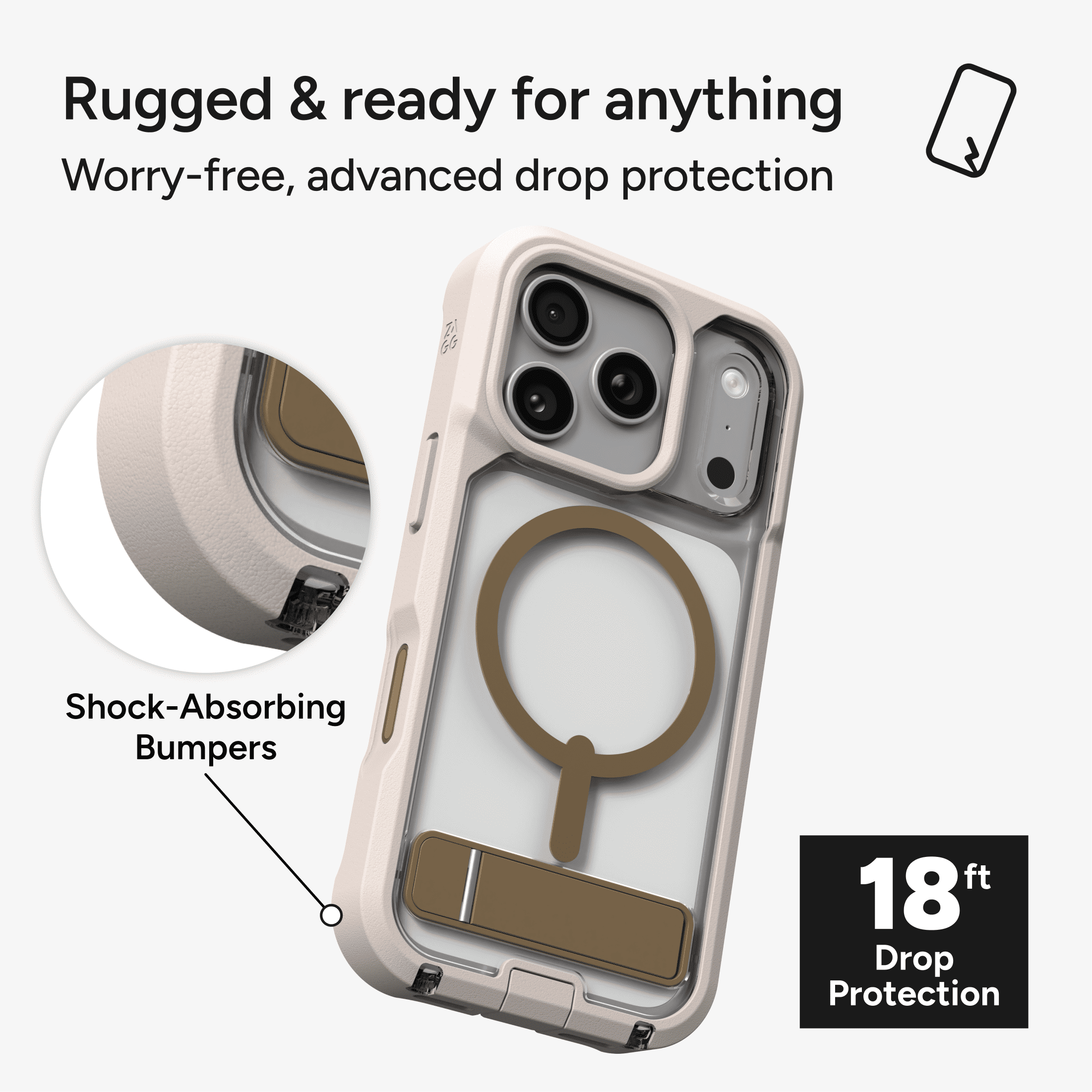 ZAGG Rugged Case - Apple iPhone 18 Pro & 17 Pro Case with MagSafe and Built-In Kickstand – Clear/Sandstone