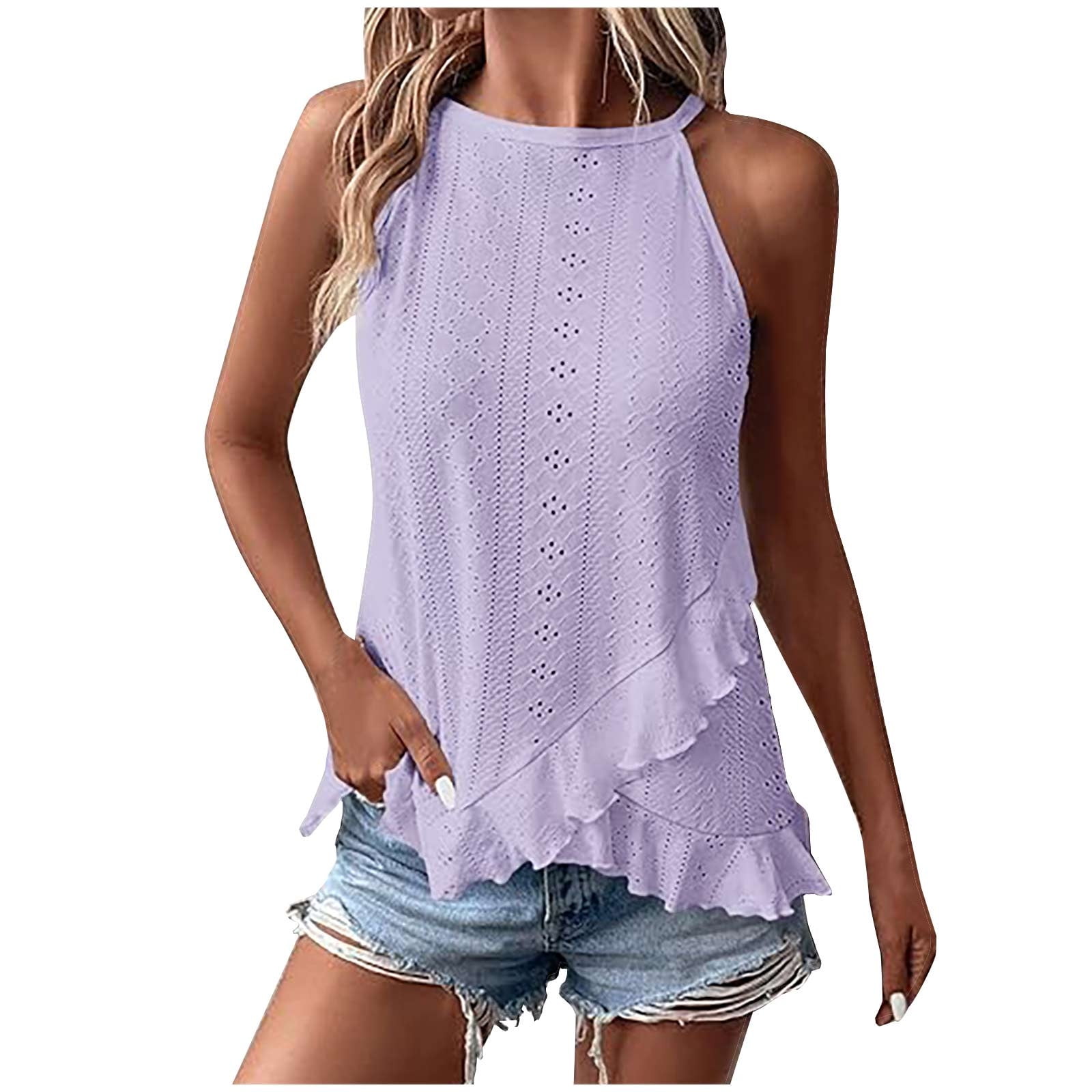 Timegard Womens Eyelet Tank Tops Ruffle Petal Bottom Sleeveless Tops Summer Beach Loose Comfy Casual