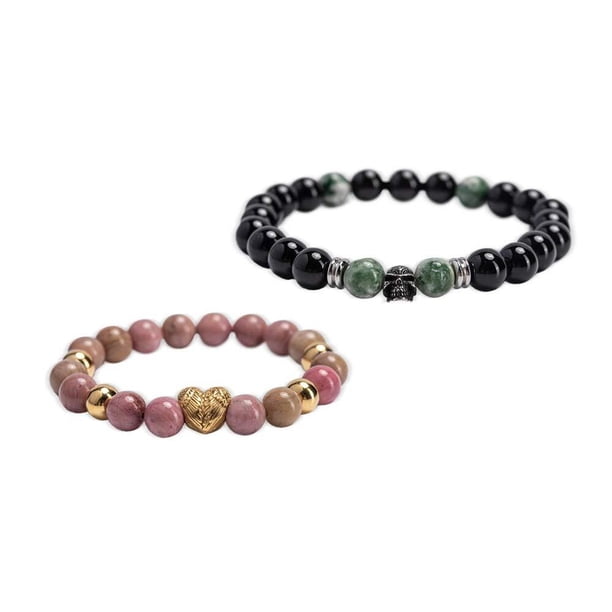 Pulseras para Pareja Hombre y Mujer LuckyLy, Piedras Naturales Labradorita o Rodonita, Modelo Remy rosa UNITALLA