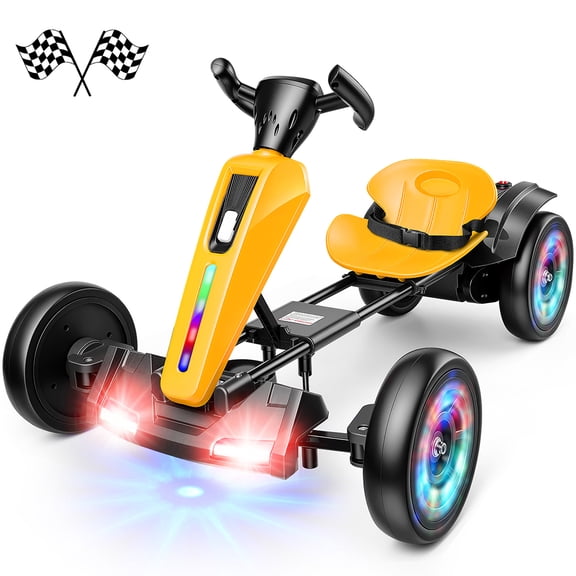 Funcid 12 Volt Foldable Electric Go Kart, Bluetooth, Music, Light Button, LED Lights, Adjustable Seat, Eva Wheels, Ages 3-6, Yellow