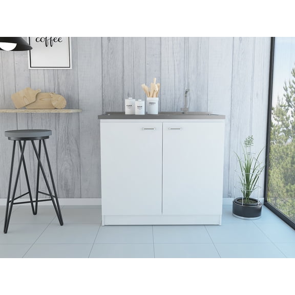 Miekor Furniture Oklahoma Utility Sink, Double Door Cabinet, Stainless Steel Countertop 0041