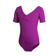 thumbnail image 3 of BFHHYA Girls Ballet Leotards Short Sleeve V-Neck Leotards Casual Solid Color Ballet Dance Bodysuits for Teens Gilrs Size 3-15 Years, 3 of 6