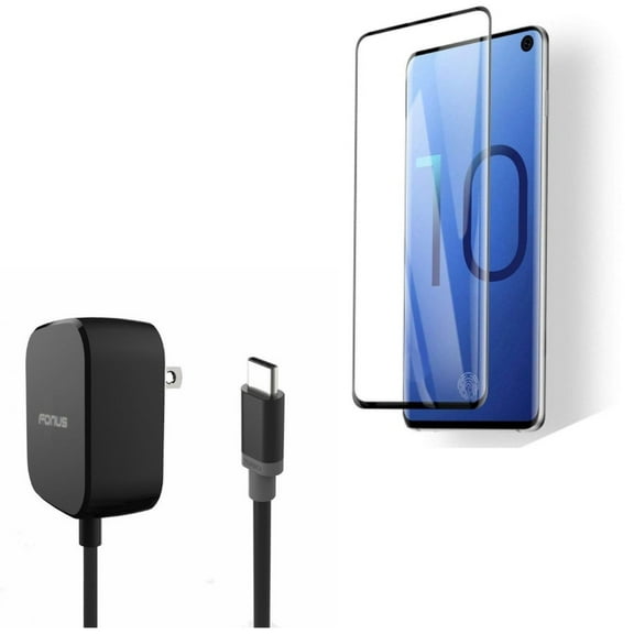 Galaxy S10  15W Fast Home Charger w Tempered Glass Screen Protector - 5ft Long Type-C Turbo Charge, [Fingerprint Works] 3D Curved Edge Full Cover for Samsung Galaxy S10
