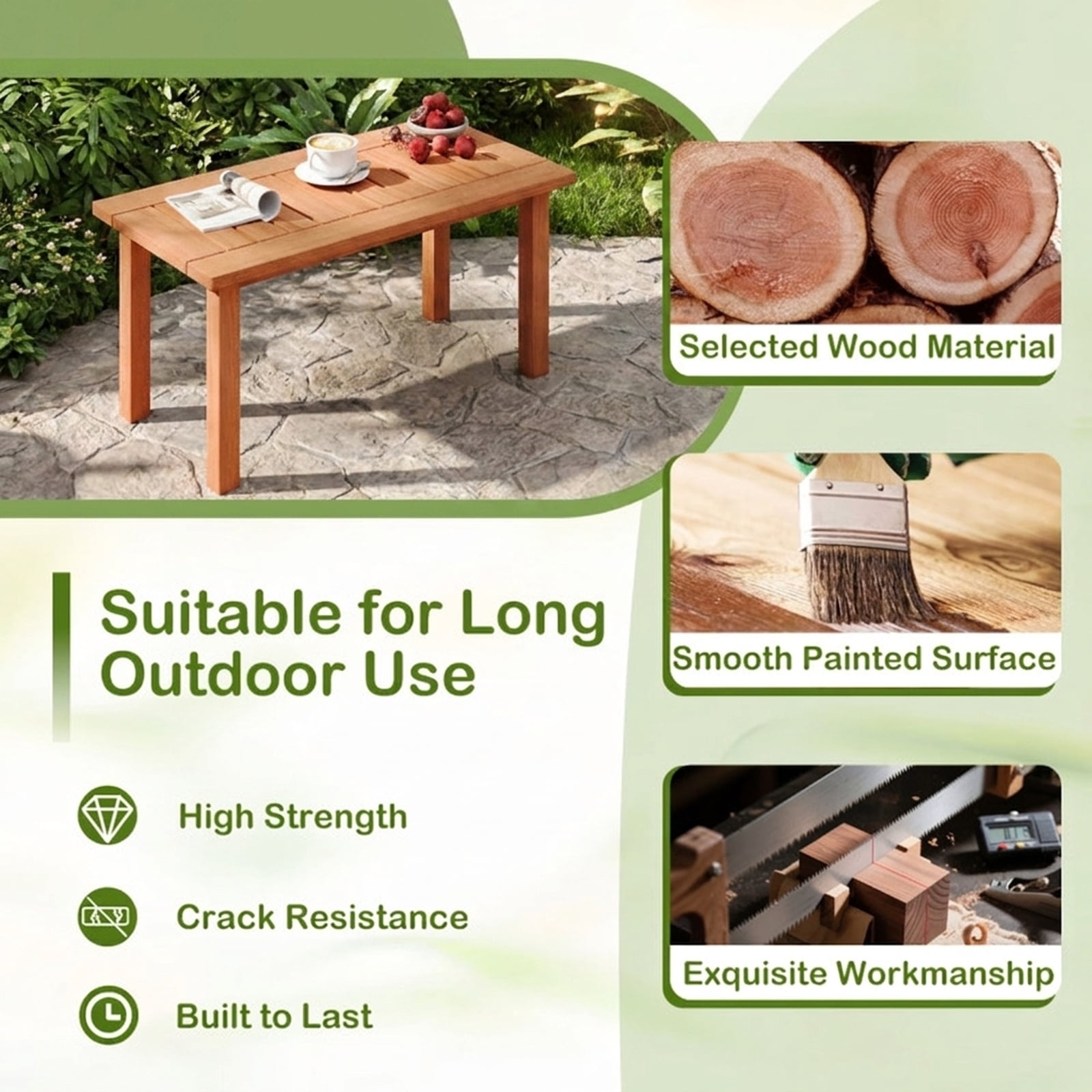 Biotree Outdoor Coffee Table Patio Coffee Table with Slatted Tabletop for Deck Poolside Porch Backyard, Natural
