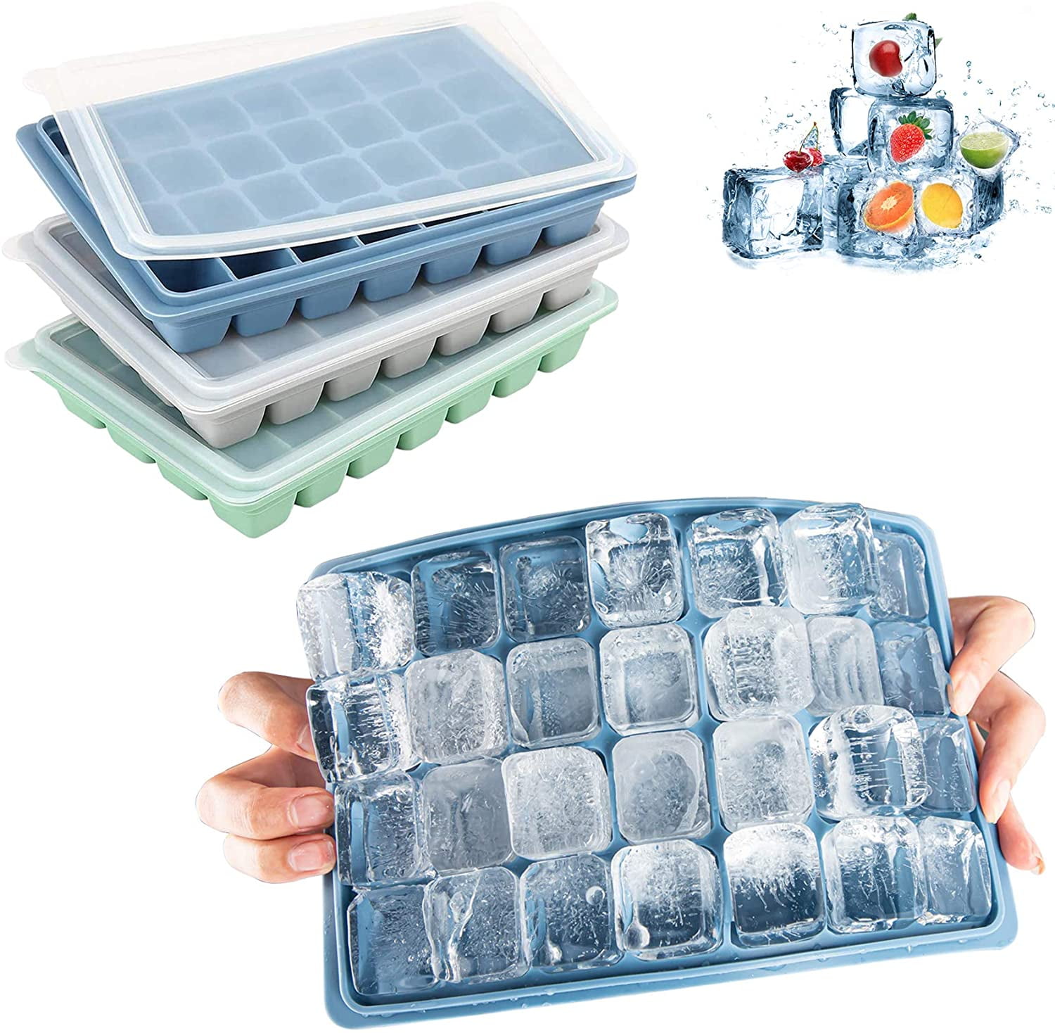 Ice Cube Tray, 3 Pcs Silicone Ice Cube Tray With Splash Proof Lids