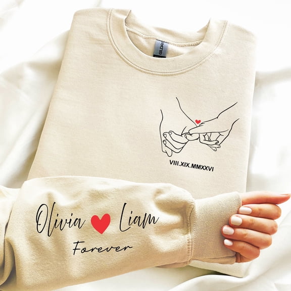 Roman Numeral Anniversary Date Sweatshirt, Custom Name on Sleeve Couple Pullover,Pinky Promise Crewneck, Personalized Name Sweater For Valentines Day Gift, Unisex S - 3XL