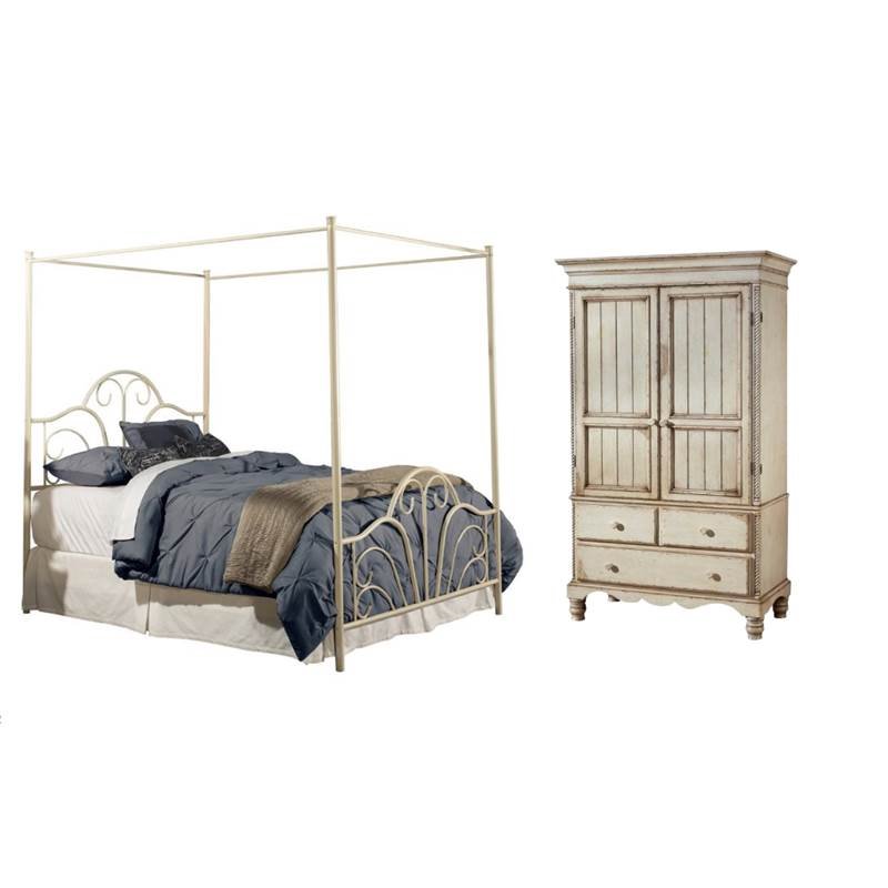 2 Piece Bedroom Set with Wardrobe Armoire and Queen Canopy ...