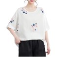 thumbnail image 2 of Qiopertar Blouse en Lin à Manches Courtes Col Rond Floral Décontractée Printemps Été pour Femmes Tops Amples Grandes Économies de Vacances! Liquidation à Moins de 5$ Livraison Gratuite, 2 of 4