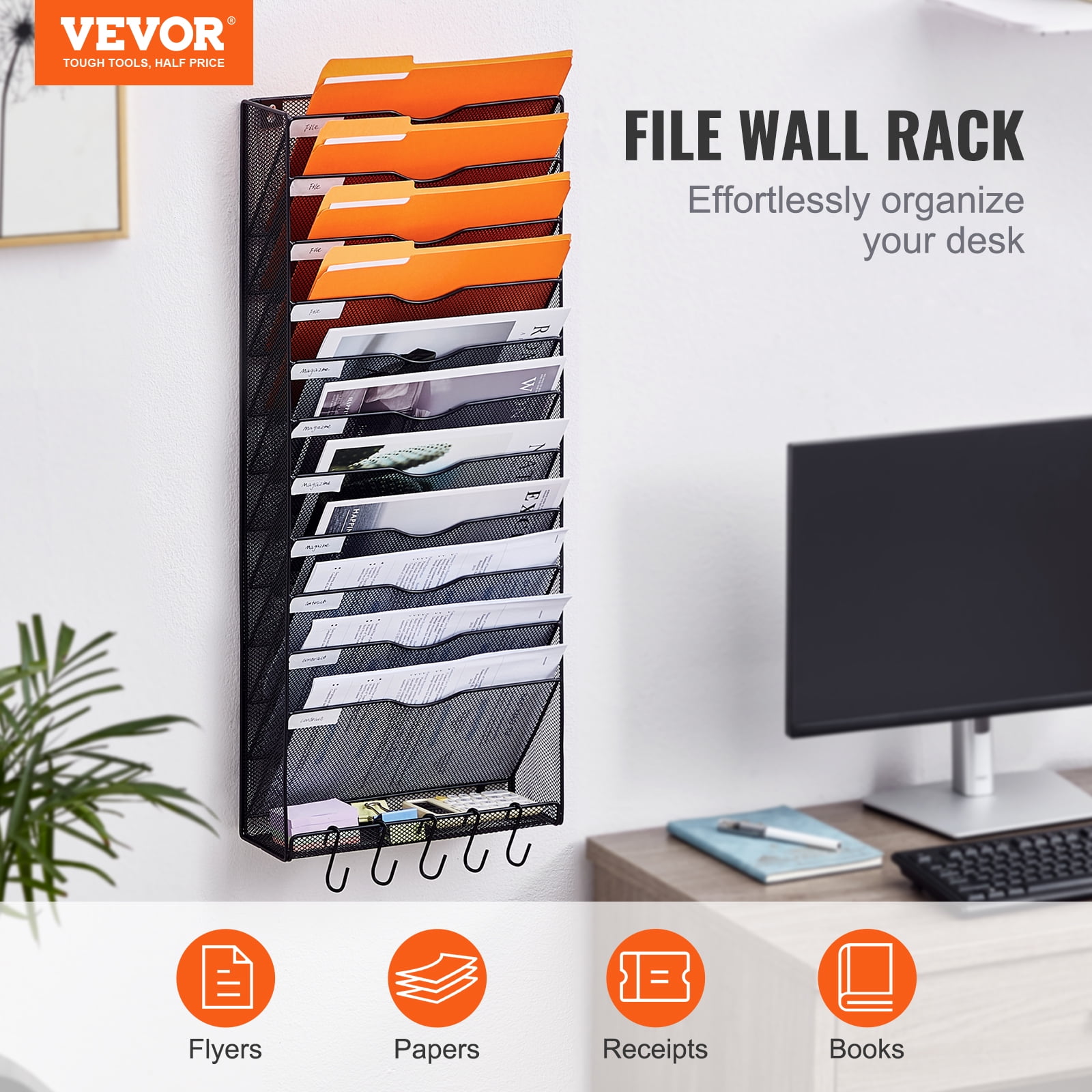 KFFKFFWall File Rack, 12-Slot Single Piece Mesh Wall Organizer, Metal Magazine, Mail, Document & Paper Storage Holder, Wall Attachable with Name Label, Ideal for Office, Home & School Use