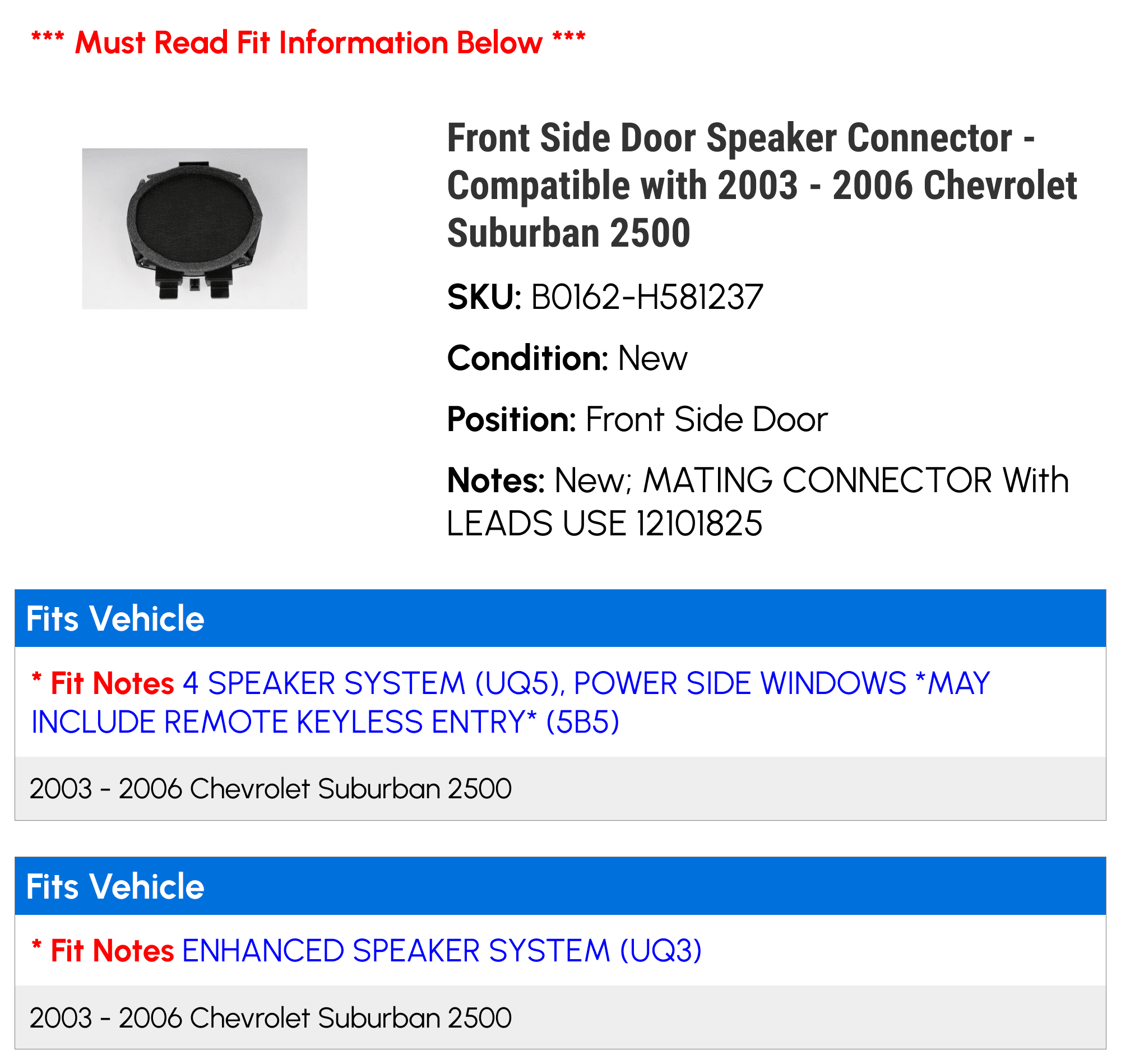 Front Side Door Speaker Connector - Compatible with 2003 - 2006 Chevrolet Suburban 2500 - AC Delco