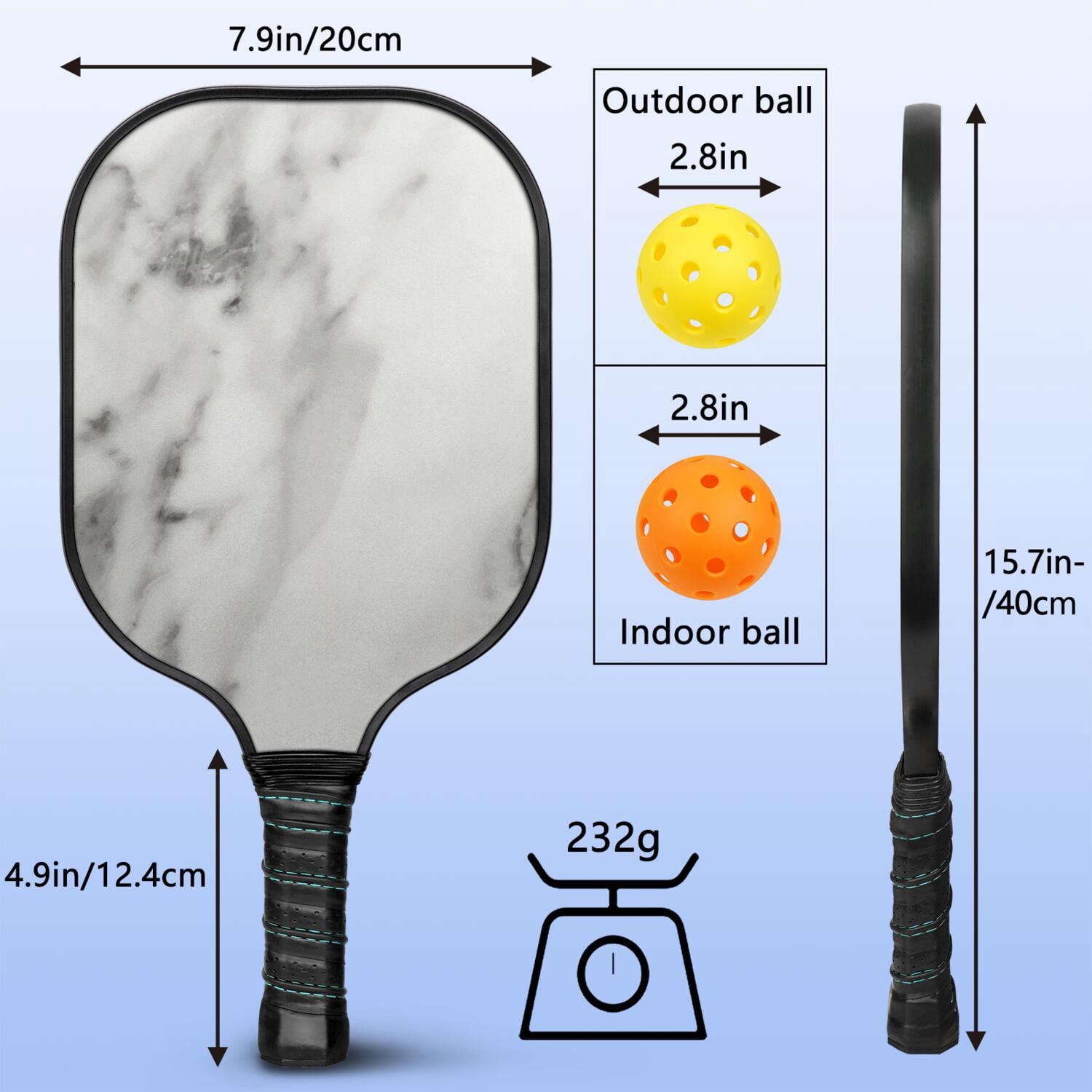 Pickleball Paddles Set Of 1, Fiberglass Surface, Turquoise Marble Pattern, 1 Paddle, 2 Balls & Bag