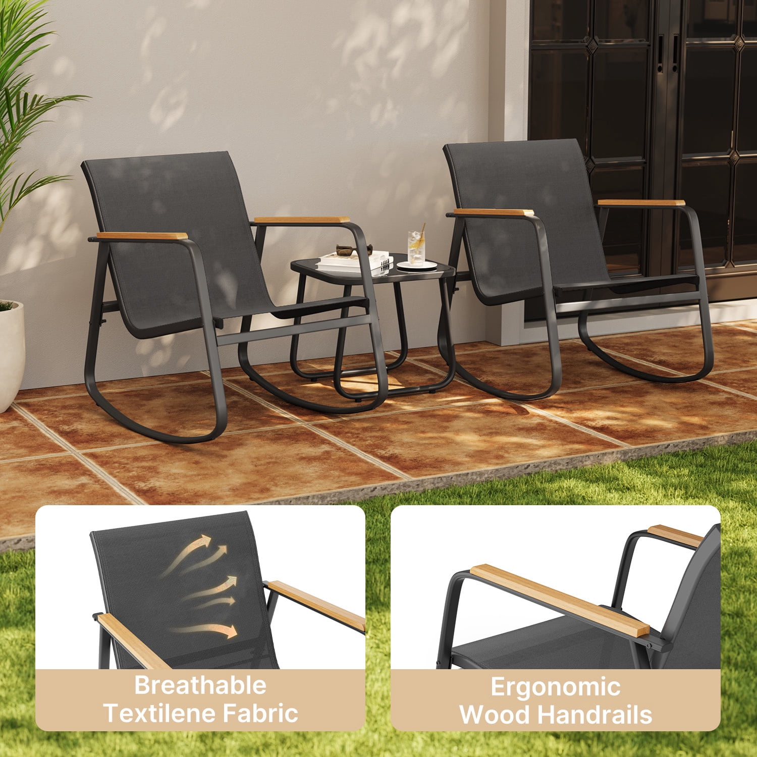 Asofer 3-Piece Patio Furniture Set, Rocking Chair with Soft Cushion and Coffee Table, for Garden, Balcony, Backyard, Black