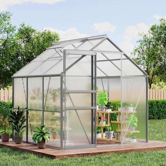 6x6 FT Greenhouse for Outdoor Gardening, Walk-in Polycarbonate Greenhouse, Aluminum Frame Plant House with Sliding Door and Roof Vent, Backyard Green House for Patio Yard Grow Space, Silver