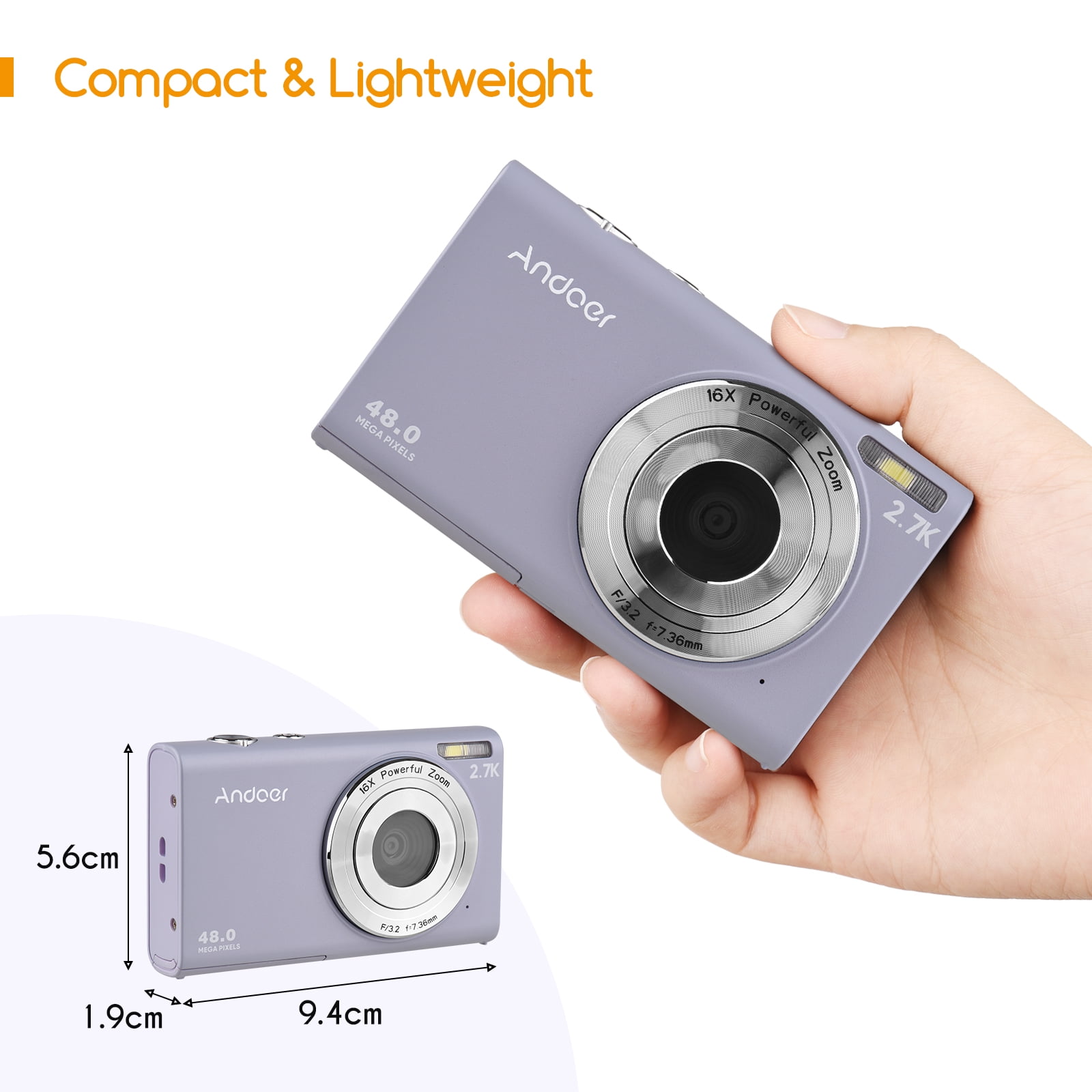 Andoer 2.7K Digital Camera Compact Video Camcorder 48MP Auto Focus 2.88 Inch IPS Screen 16X Zoom Anti-shake Face Detact Smile Capture Built-in LED Fill Light